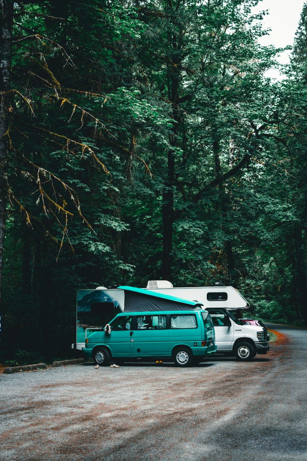 Fourgon aménagé stationné sur une route forestière